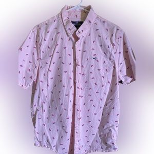 Adorable, pink button down casual shirt with watermelon slices